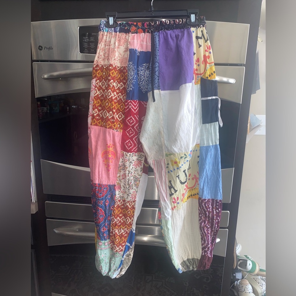 Ashley Taylor Patchwork Smocked-Waist Hippie Boho Pants Harem Cotton One Size - Picture 4 of 7